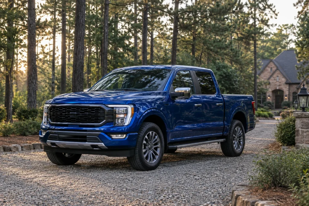 Blue pickup truck among East Texas pine trees.