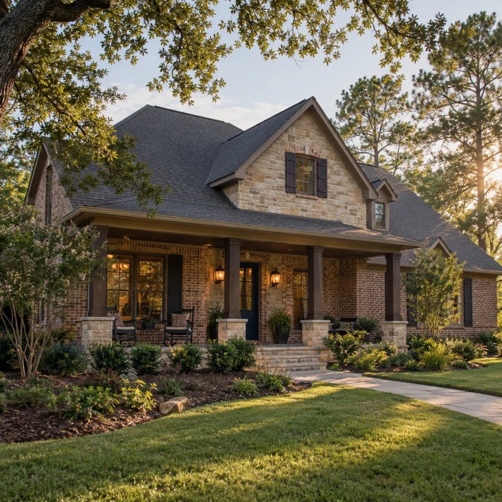 Brick and stone home surrounded by East Texas trees.